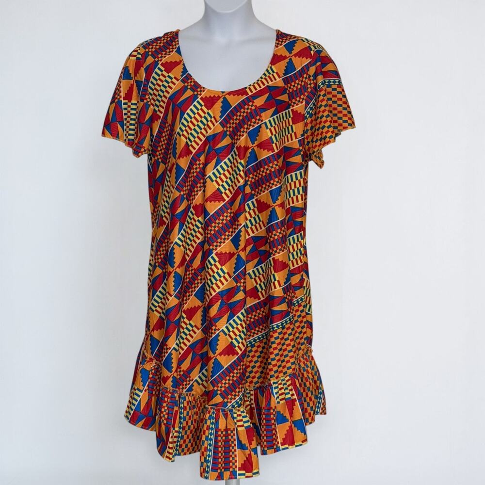 Vintage Lapogee 2X Midi Dress Boho Tribal Geometric Ruffled Hem Pockets India